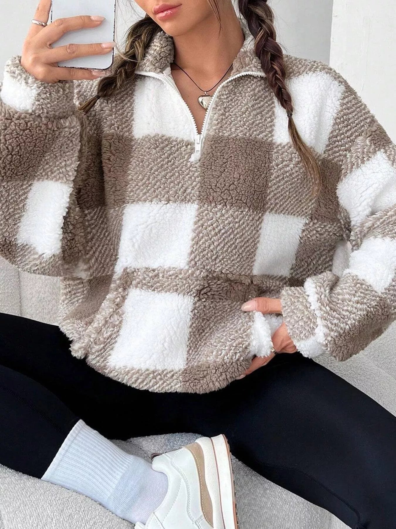 Full Size Plaid Sherpa Long Sleeve Sweatshirt Plus Size - Rochelle's House LLC