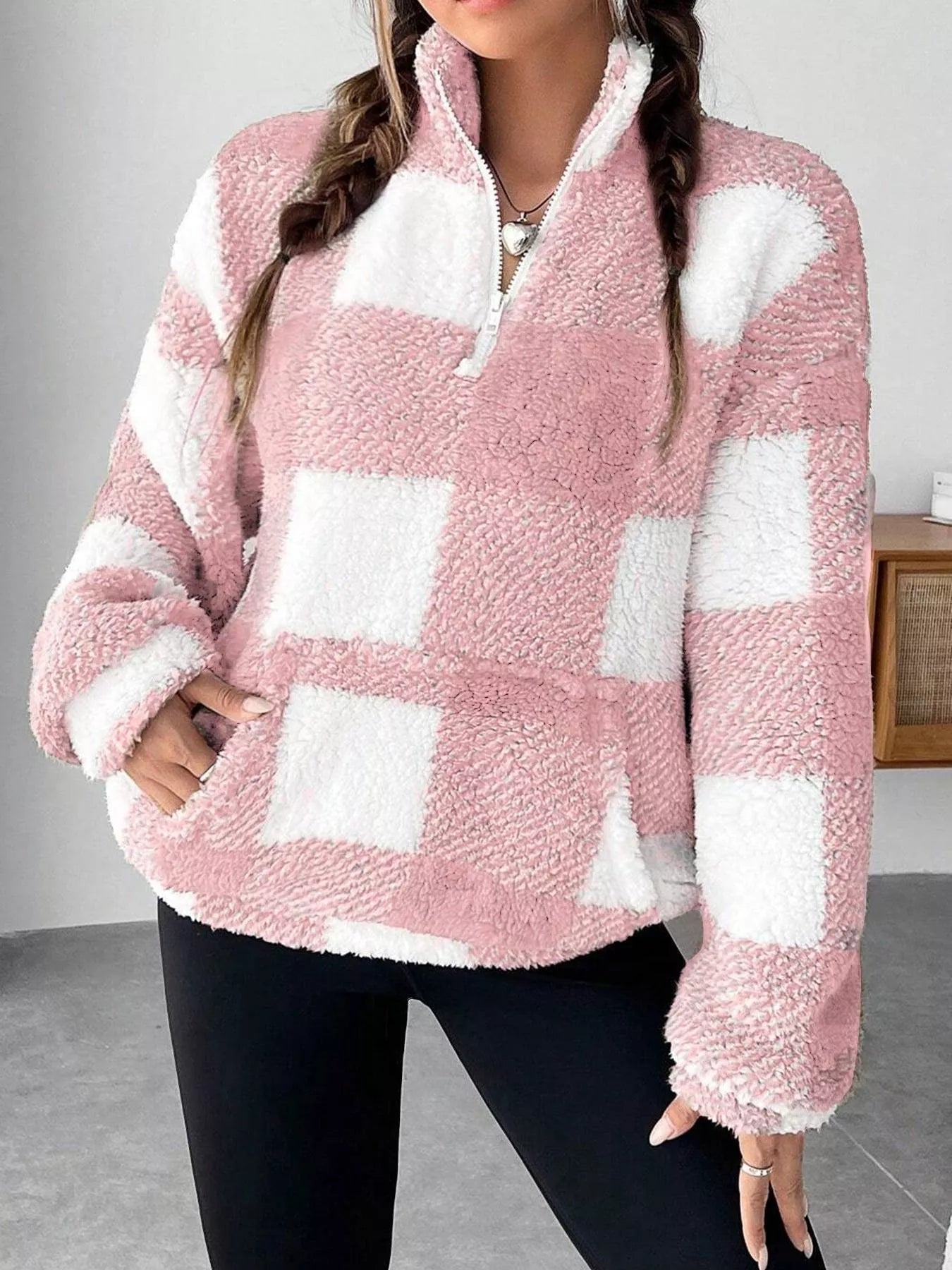 Full Size Plaid Sherpa Long Sleeve Sweatshirt Plus Size - Rochelle's House LLC