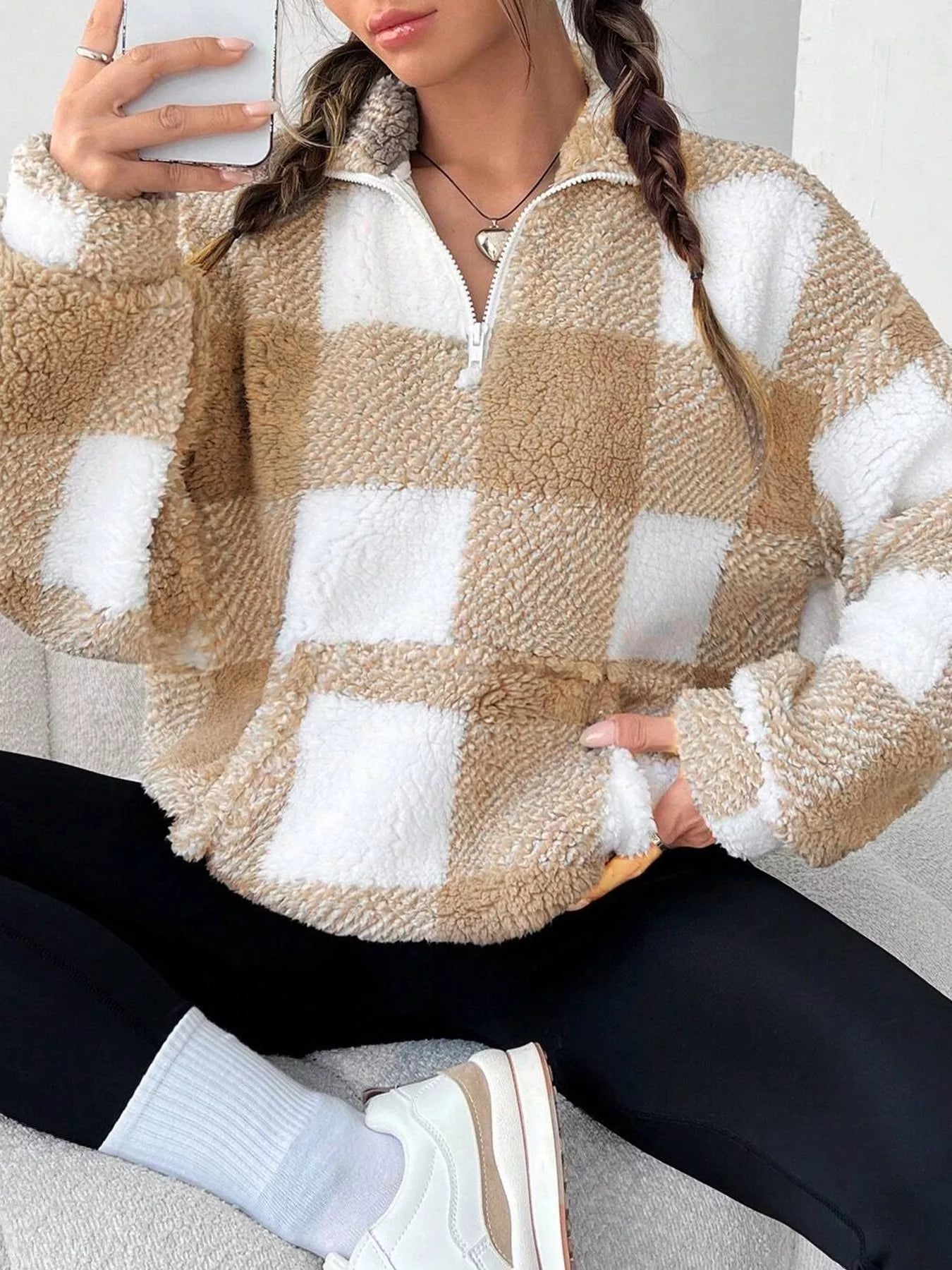Full Size Plaid Sherpa Long Sleeve Sweatshirt Plus Size - Rochelle's House LLC