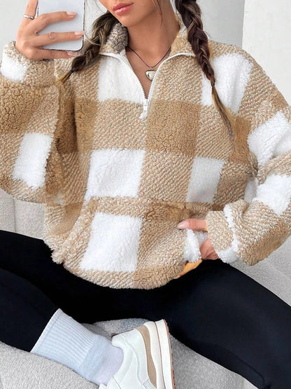 Full Size Plaid Sherpa Long Sleeve Sweatshirt Plus Size - Rochelle's House LLC