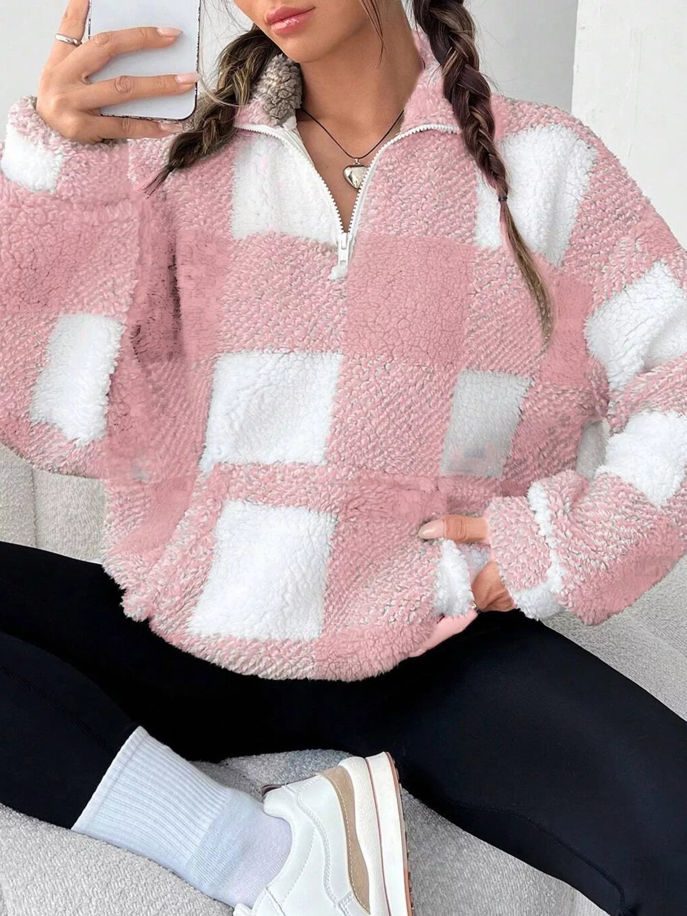 Full Size Plaid Sherpa Long Sleeve Sweatshirt Plus Size - Rochelle's House LLC