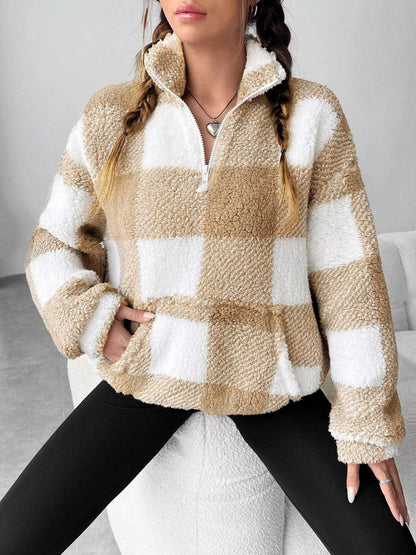 Full Size Plaid Sherpa Long Sleeve Sweatshirt Plus Size - Rochelle's House LLC