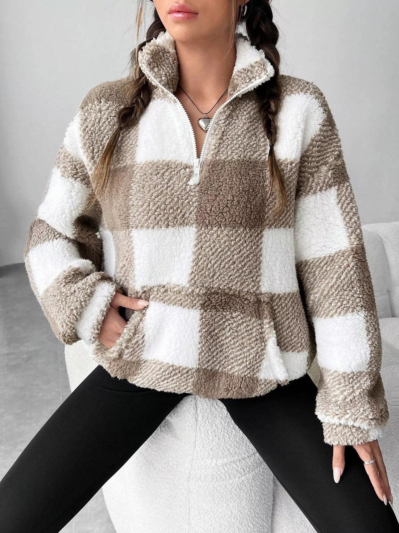 Full Size Plaid Sherpa Long Sleeve Sweatshirt Plus Size - Rochelle's House LLC