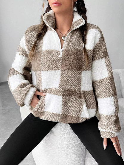 Full Size Plaid Sherpa Long Sleeve Sweatshirt Plus Size - Rochelle's House LLC