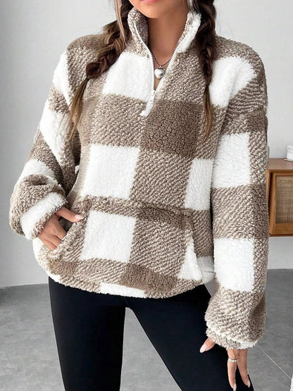Full Size Plaid Sherpa Long Sleeve Sweatshirt Plus Size - Rochelle's House LLC