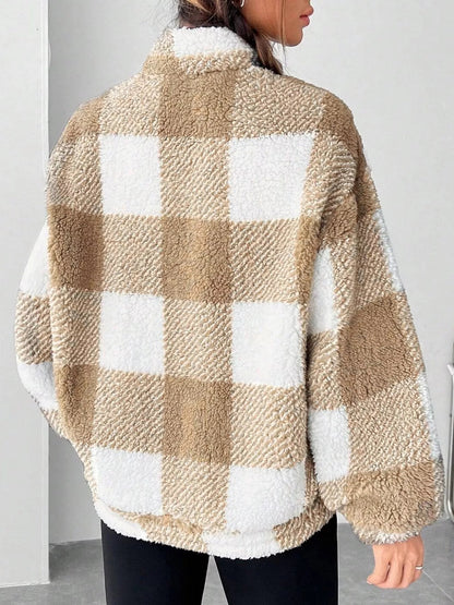 Full Size Plaid Sherpa Long Sleeve Sweatshirt Plus Size - Rochelle's House LLC