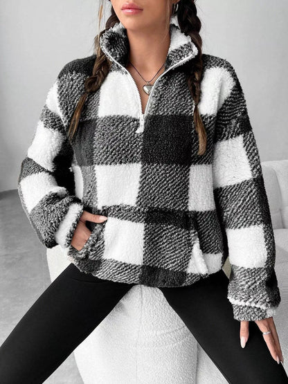 Full Size Plaid Sherpa Long Sleeve Sweatshirt Plus Size - Rochelle's House LLC