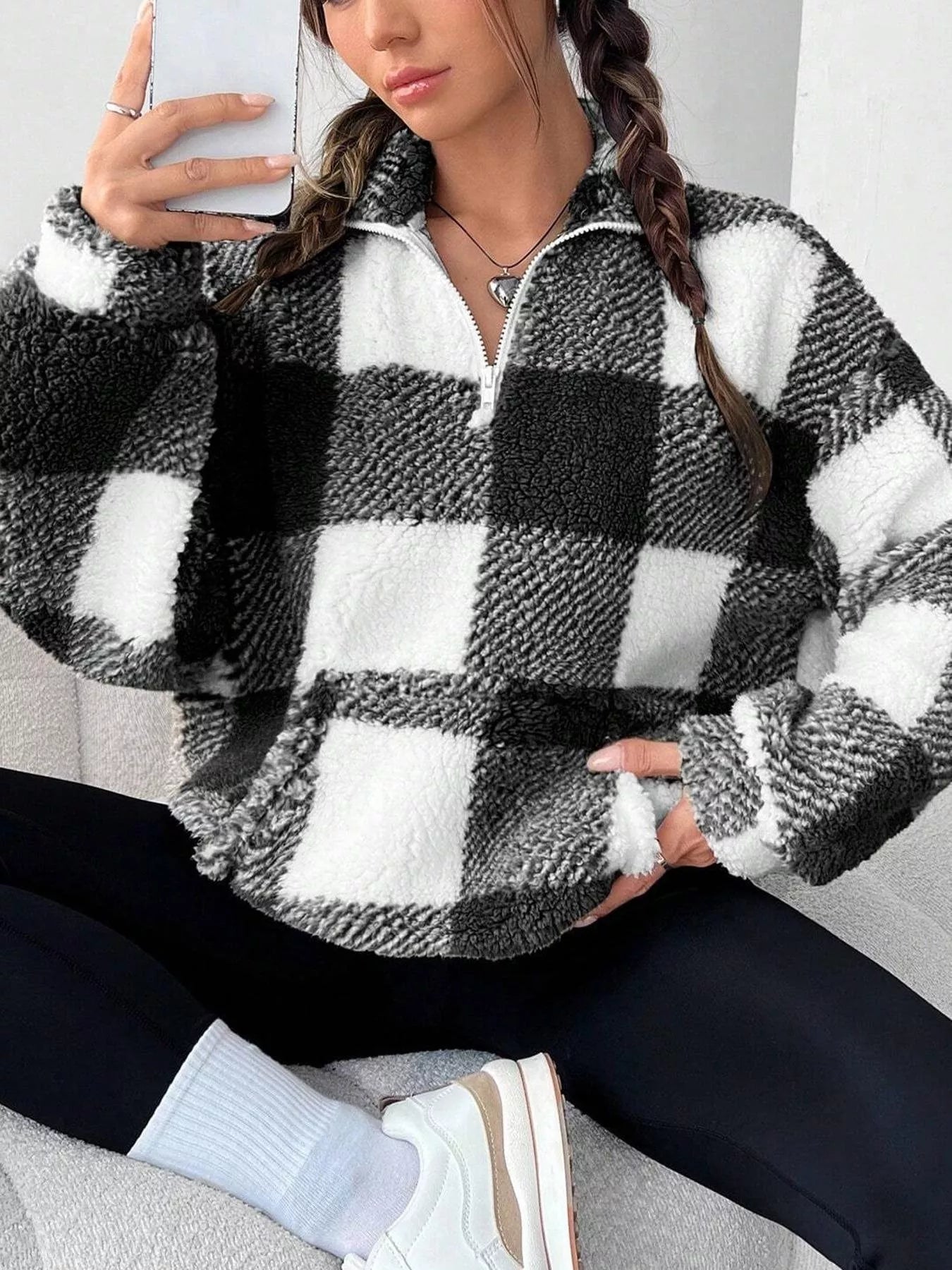 Full Size Plaid Sherpa Long Sleeve Sweatshirt Plus Size - Rochelle's House LLC