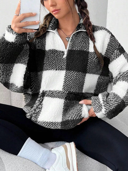 Full Size Plaid Sherpa Long Sleeve Sweatshirt Plus Size - Rochelle's House LLC