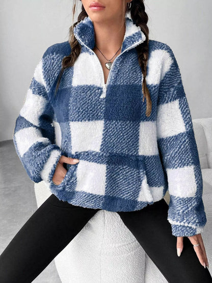 Full Size Plaid Sherpa Long Sleeve Sweatshirt Plus Size - Rochelle's House LLC