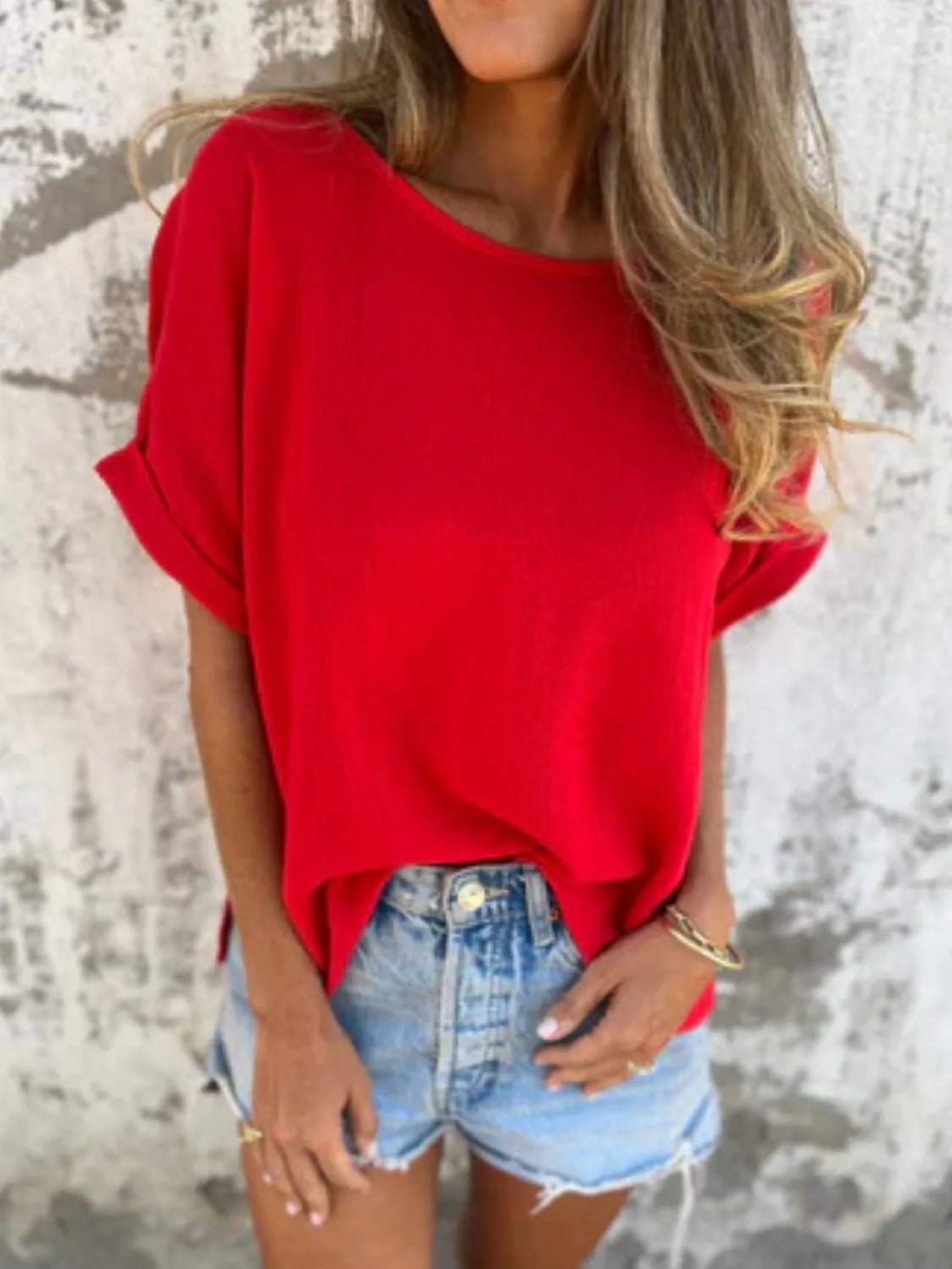 Front view of Full Size Round Neck Short Sleeve T-Shirt Plus Size in Red showing neckline and sleeve details