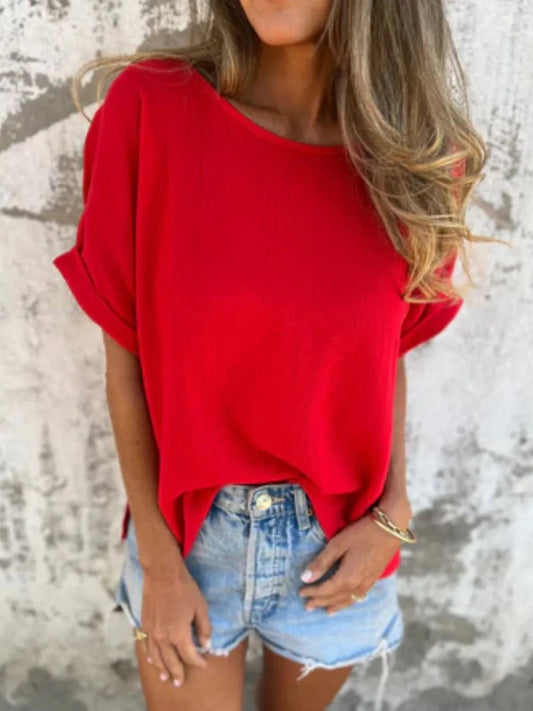 Front view of Full Size Round Neck Short Sleeve T-Shirt Plus Size in Red showing neckline and sleeve details