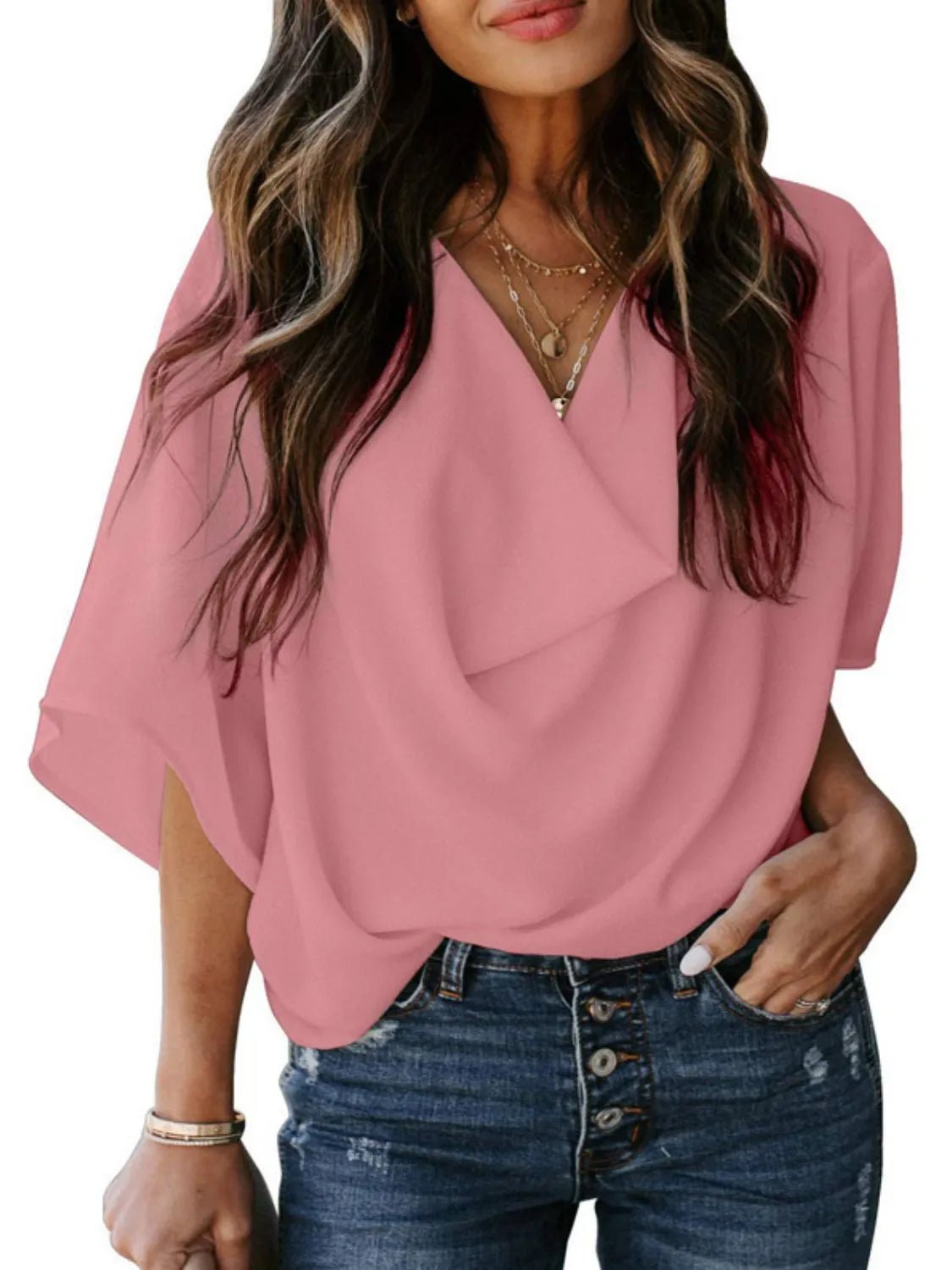 Full Size Ruched Three - Quarter Sleeve Blouse Plus Size - Rochelle's House LLC