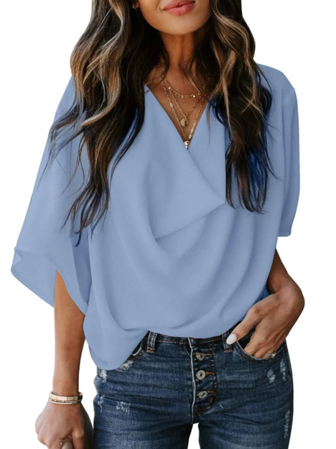 Full Size Ruched Three - Quarter Sleeve Blouse Plus Size - Rochelle's House LLC