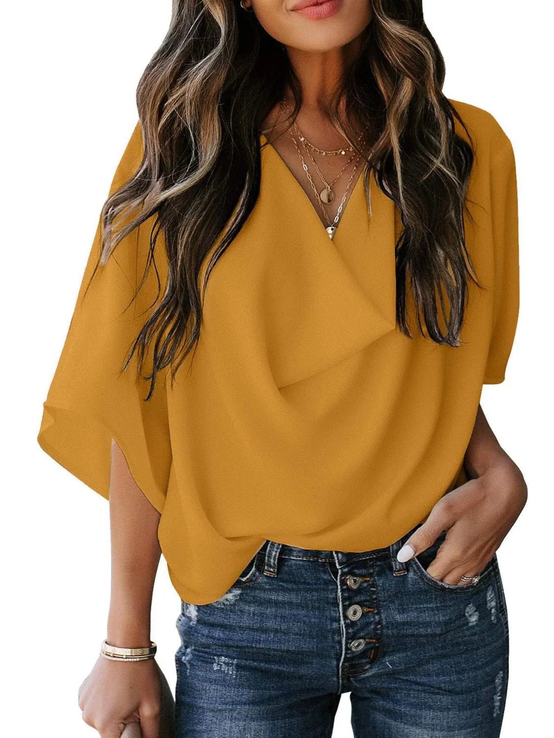 Full Size Ruched Three - Quarter Sleeve Blouse Plus Size - Rochelle's House LLC