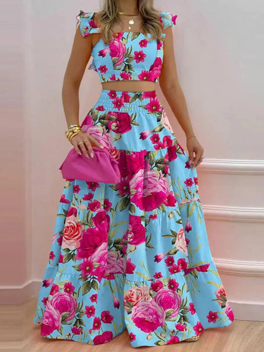 Front view of Full Size Ruffled Cami and Tiered Maxi Skirt Set Plus Size in Floral showing neckline and sleeve details