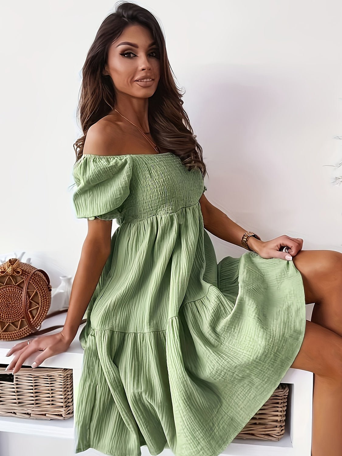 Full Size Ruffled Off - Shoulder Short Sleeve Dress - Rochelle's House LLC