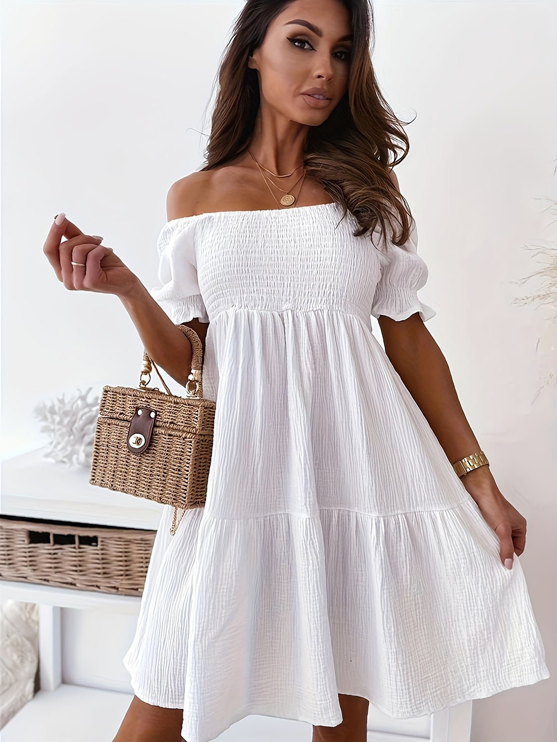 Full Size Ruffled Off - Shoulder Short Sleeve Dress - Rochelle's House LLC