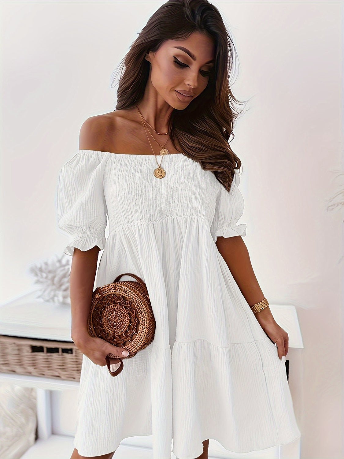 Full Size Ruffled Off - Shoulder Short Sleeve Dress - Rochelle's House LLC