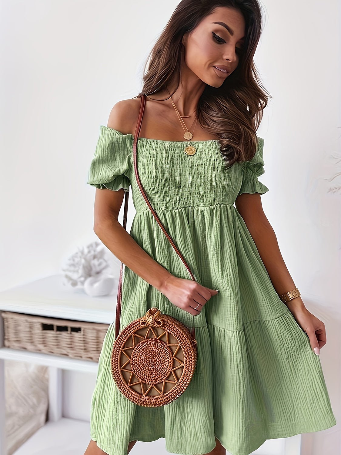 Full Size Ruffled Off - Shoulder Short Sleeve Dress - Rochelle's House LLC
