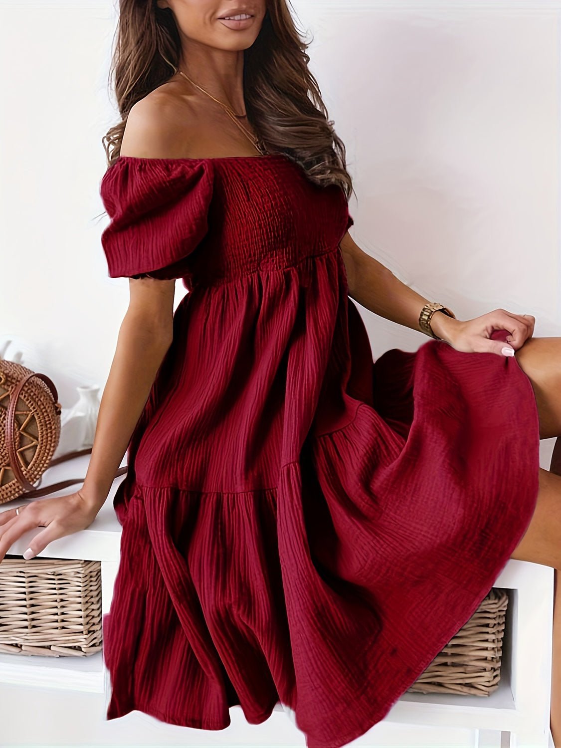 Full Size Ruffled Off - Shoulder Short Sleeve Dress - Rochelle's House LLC