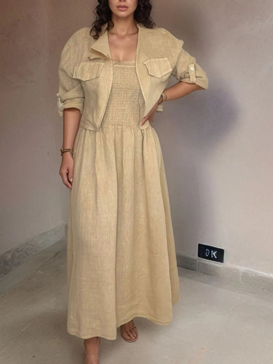 Front view of Full Size Smocked Cami Dress and Jacket Set Plus Size in Khaki showing neckline and sleeve details