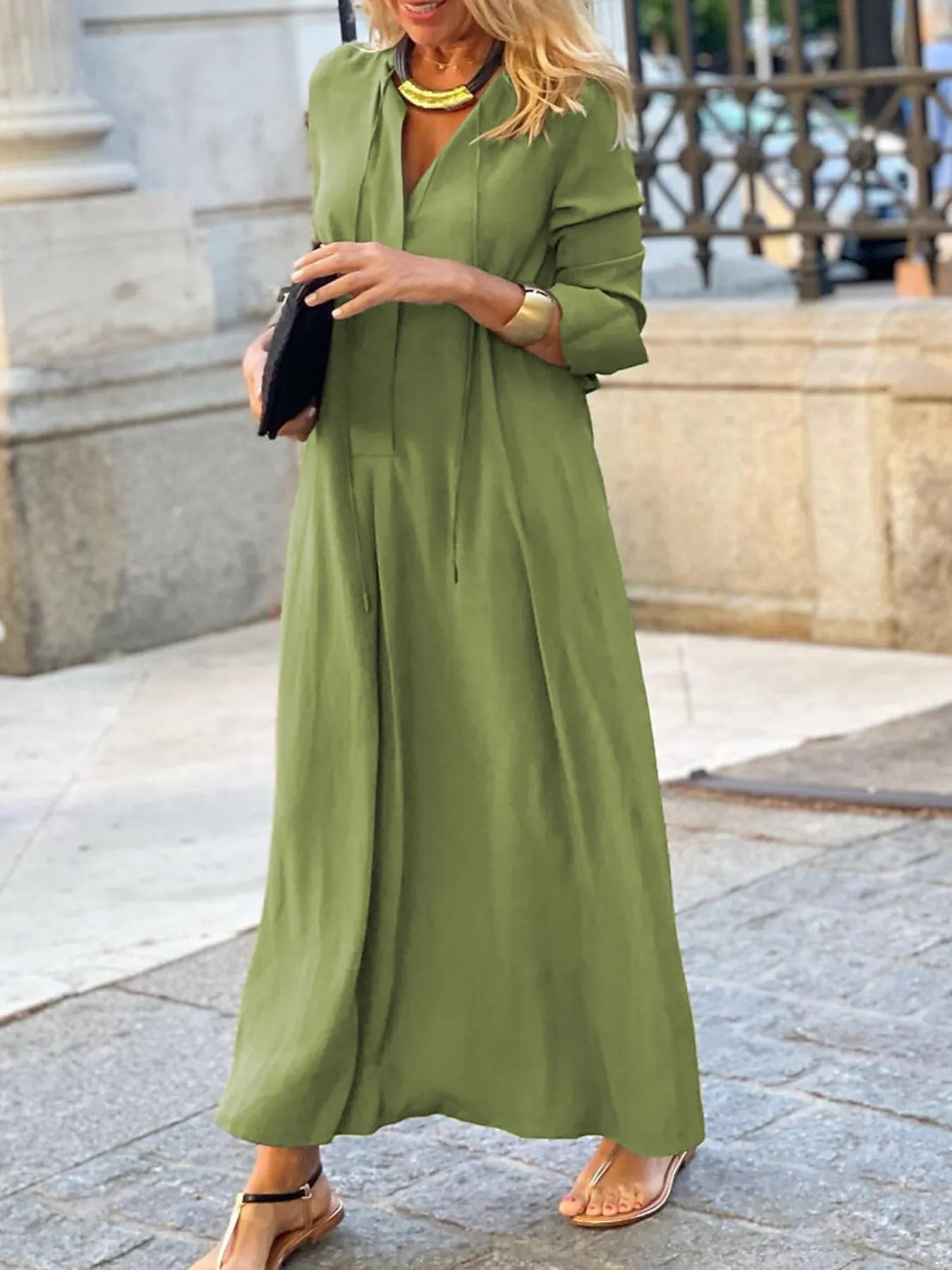 Front view of Full Size Solid Color Maxi Shirt Dress Plus Size in Green showing neckline and sleeve details (100% polyester)