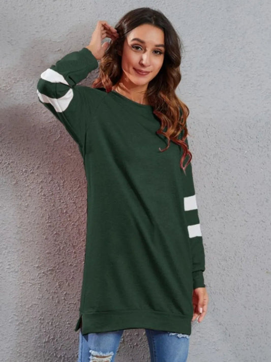 Front view of Full Size Striped Round Neck Long Sleeve T-Shirt in Dark Green showing neckline and sleeve details