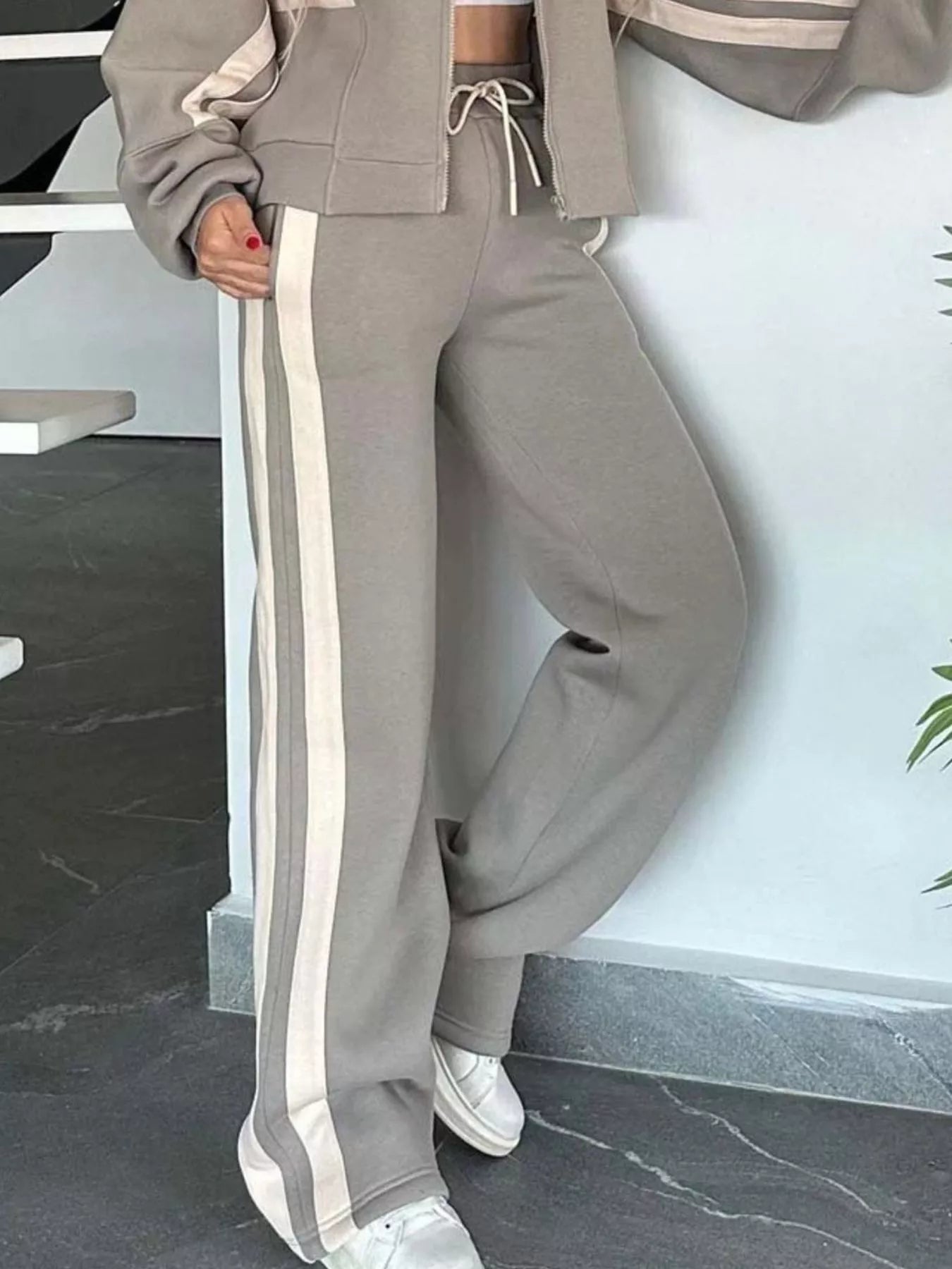 Full Size Striped Zip Up Outerwear and Pants Set Plus Size - Rochelle's House LLC