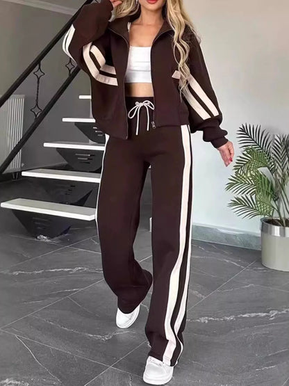 Full Size Striped Zip Up Outerwear and Pants Set Plus Size - Rochelle's House LLC