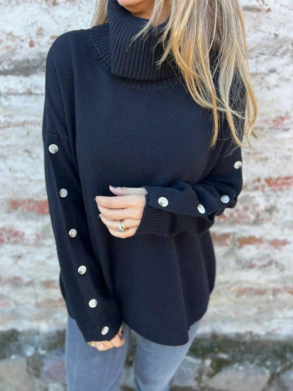 Front view of Full Size Turtleneck Long Sleeve Sweater Plus Size in Black showing neckline and sleeve details