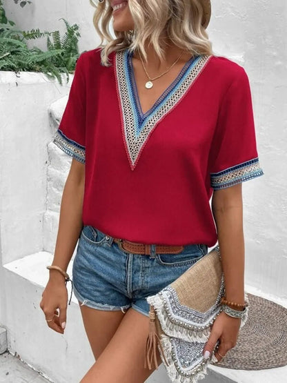 Front view of Full Size V-Neck Short Sleeve Blouse in Deep Red showing neckline and sleeve details (100% polyester)