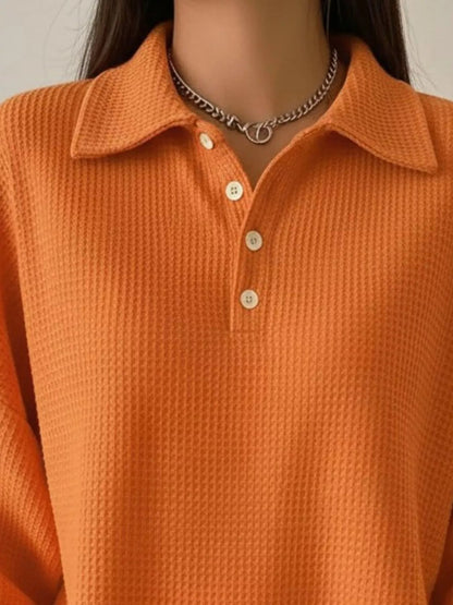 Full Size Waffle Knit Button Detail Sweatshirt Plus Size - Rochelle's House LLC