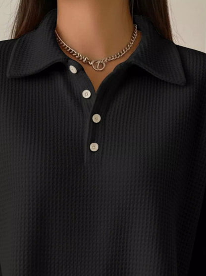 Full Size Waffle Knit Button Detail Sweatshirt Plus Size - Rochelle's House LLC