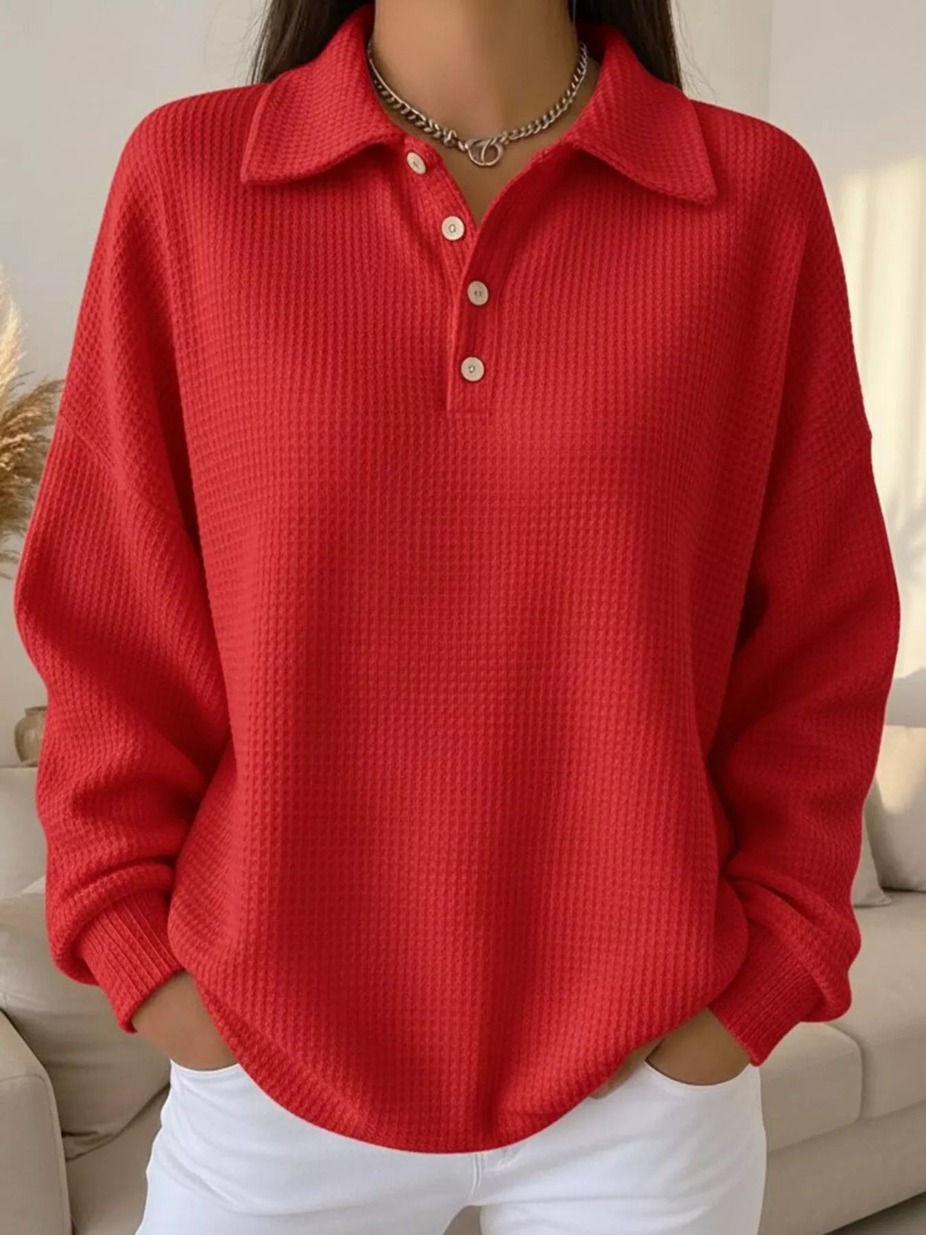 Full Size Waffle Knit Button Detail Sweatshirt Plus Size - Rochelle's House LLC