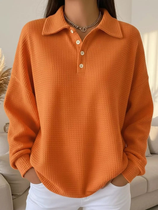 Full Size Waffle Knit Button Detail Sweatshirt Plus Size - Rochelle's House LLC