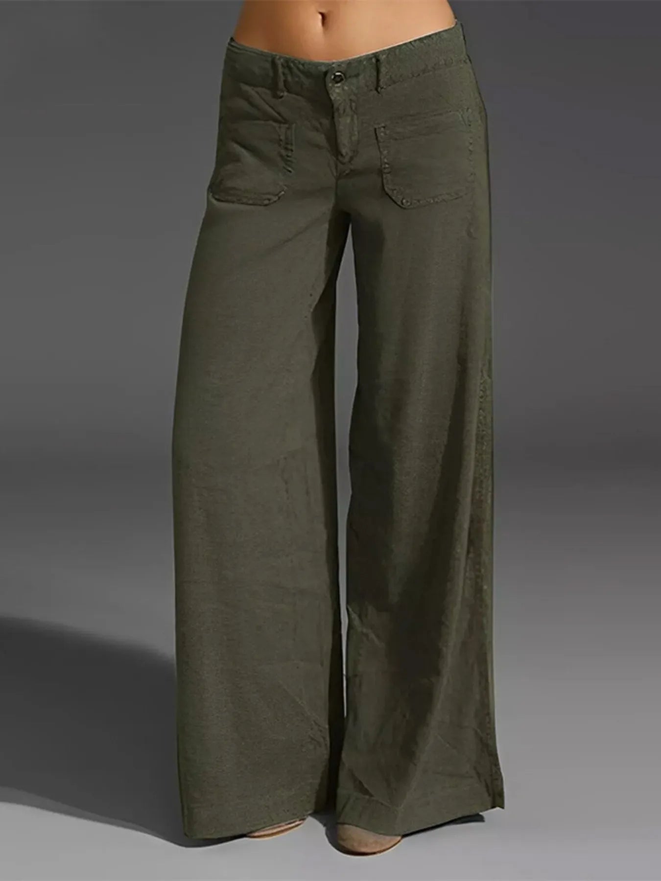 Front view of Full Size Wide Leg Pants with Pockets Plus Size in Green showing neckline and sleeve details