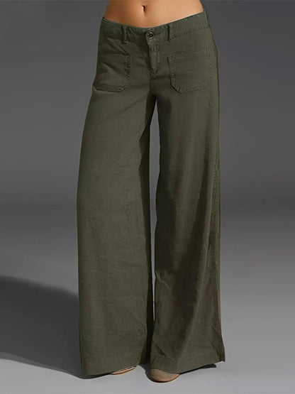 Front view of Full Size Wide Leg Pants with Pockets Plus Size in Green showing neckline and sleeve details