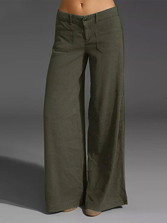 Front view of Full Size Wide Leg Pants with Pockets Plus Size in Green showing neckline and sleeve details