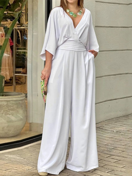 Full Size Wide - Leg Wrap Jumpsuit with Kimono Sleeves Plus Size - Rochelle's House LLC