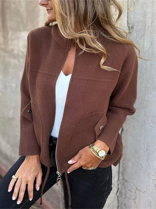 Front view of Full Size Zip-Up Long Sleeve Outerwear Plus Size in Coffee Brown showing neckline and sleeve details