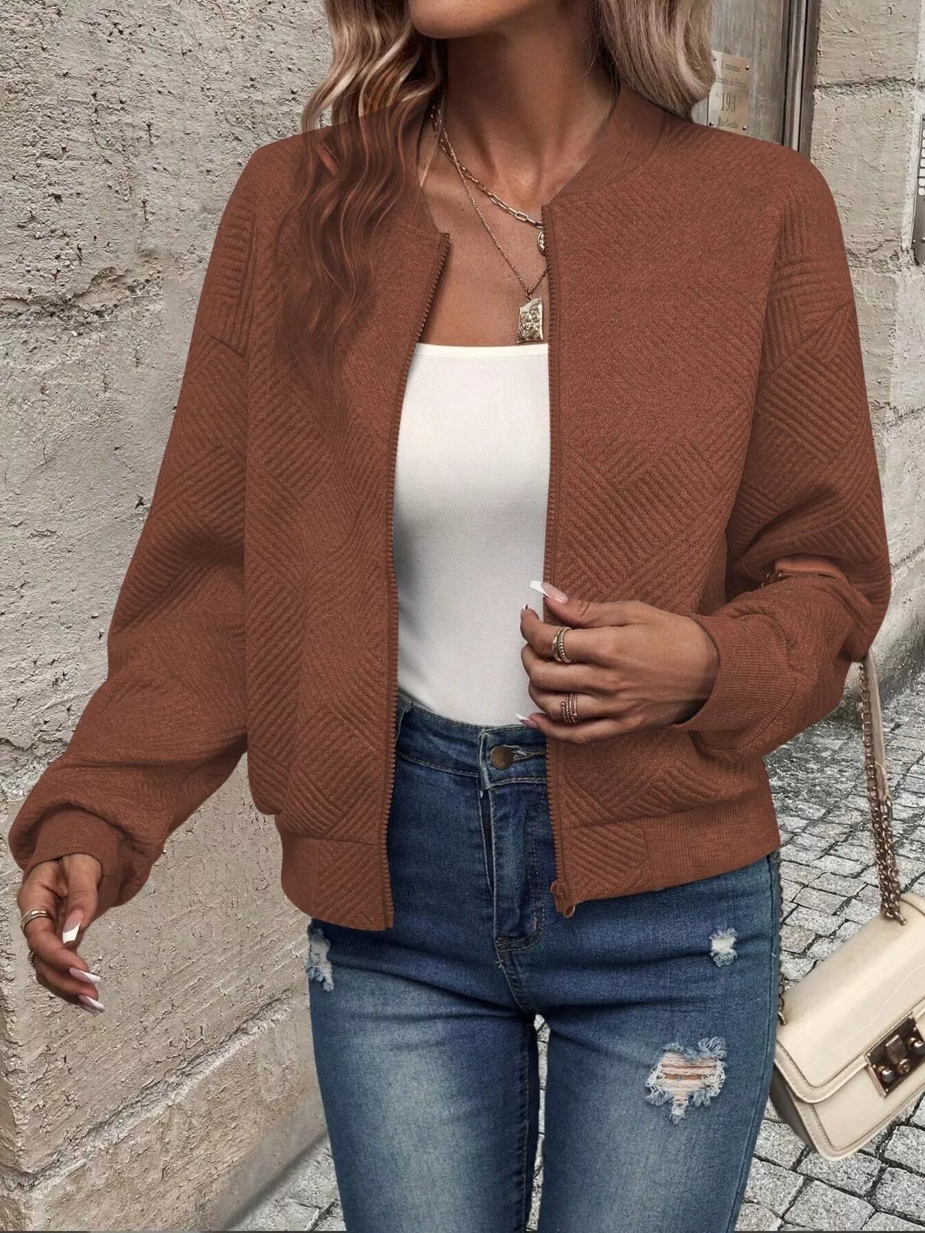 Full Size Zip Up Long Sleeve Textured Jacket Plus Size - Rochelle's House LLC