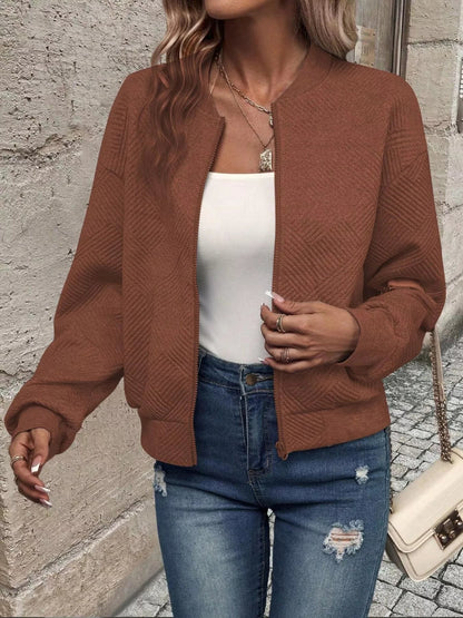Full Size Zip Up Long Sleeve Textured Jacket Plus Size - Rochelle's House LLC
