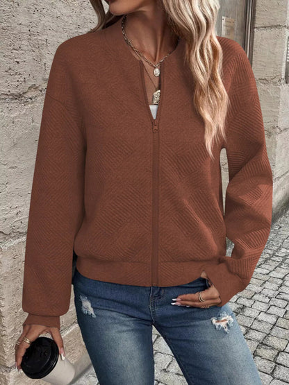 Full Size Zip Up Long Sleeve Textured Jacket Plus Size - Rochelle's House LLC