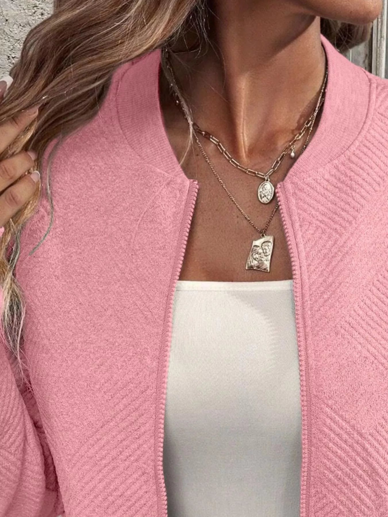 Full Size Zip Up Long Sleeve Textured Jacket Plus Size - Rochelle's House LLC