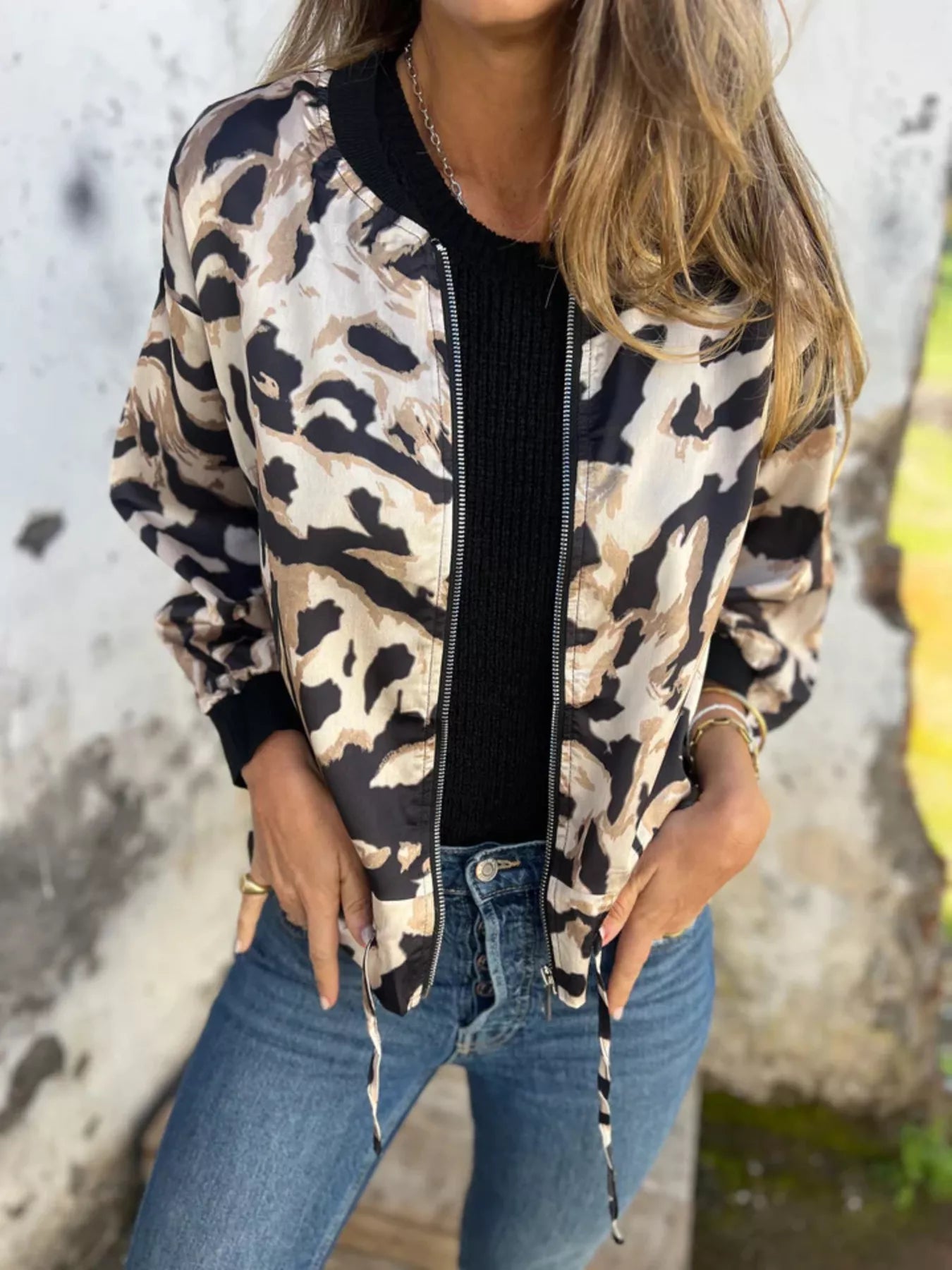 Full Size Zip Up Zebra Print Bomber Jacket Plus Size - Rochelle's House LLC