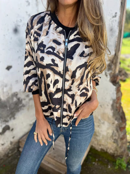 Full Size Zip Up Zebra Print Bomber Jacket Plus Size - Rochelle's House LLC