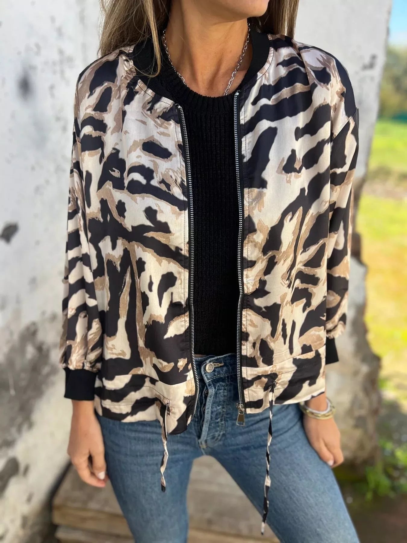 Full Size Zip Up Zebra Print Bomber Jacket Plus Size - Rochelle's House LLC