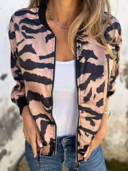 Full Size Zip Up Zebra Print Bomber Jacket Plus Size - Rochelle's House LLC