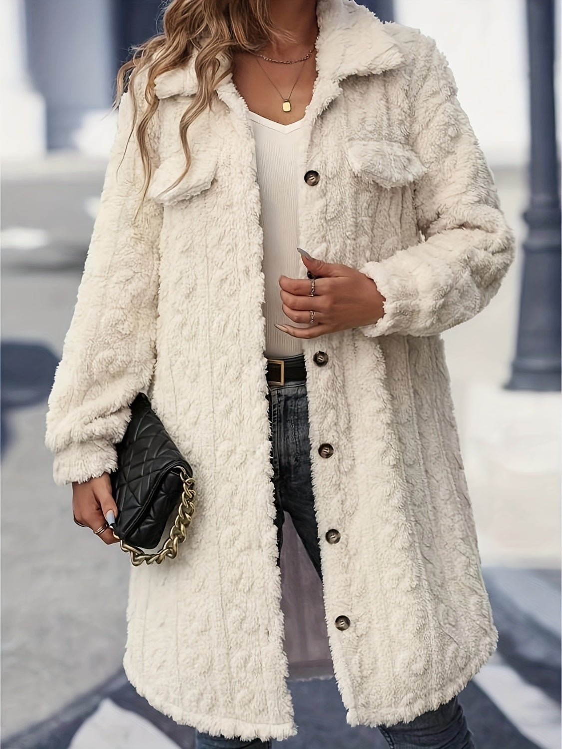 Front view of Fuzzy Button Up Long Sleeve Longline Coat in Cream showing neckline and sleeve details